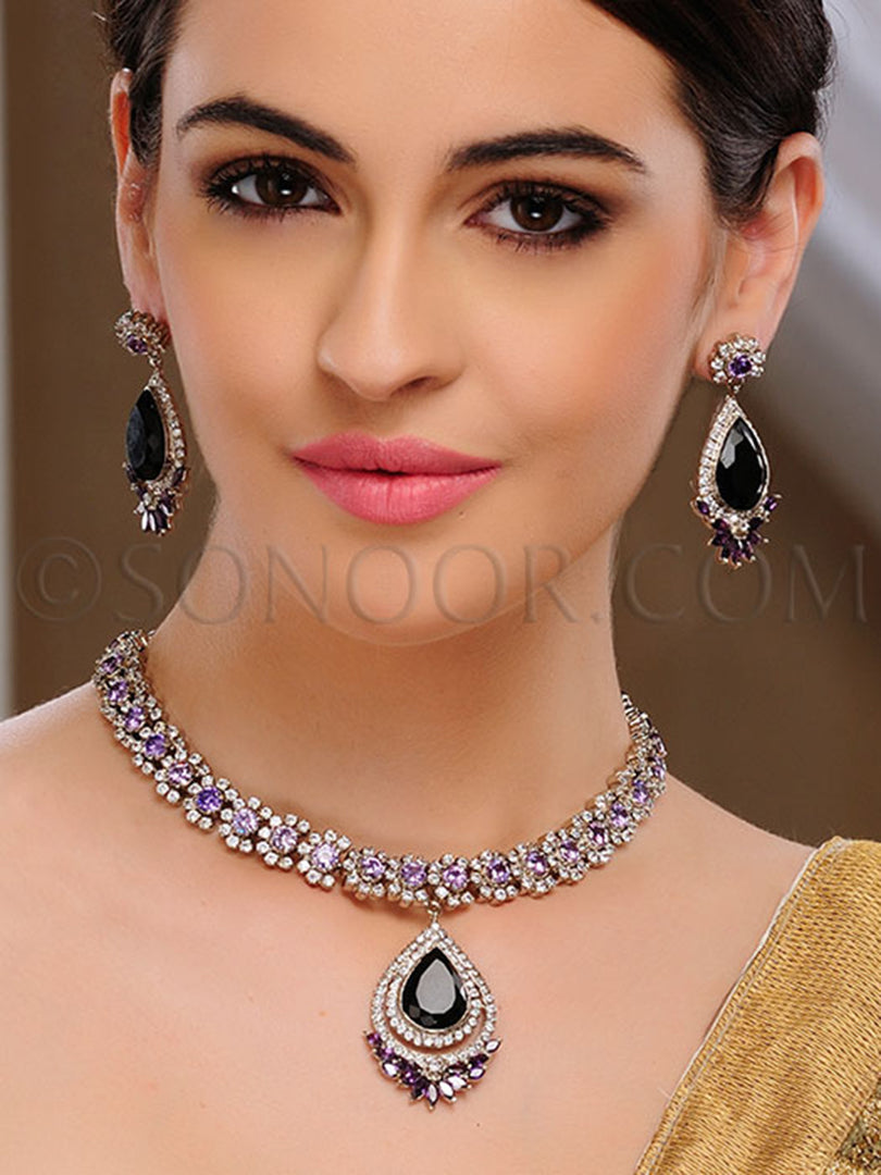 Pihu Victorian CZ Purple Stone Necklace Set