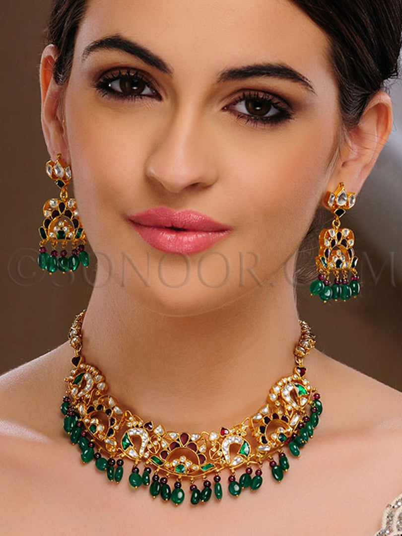 Keshvi Gold Plate Jade & Kundan Necklace Set