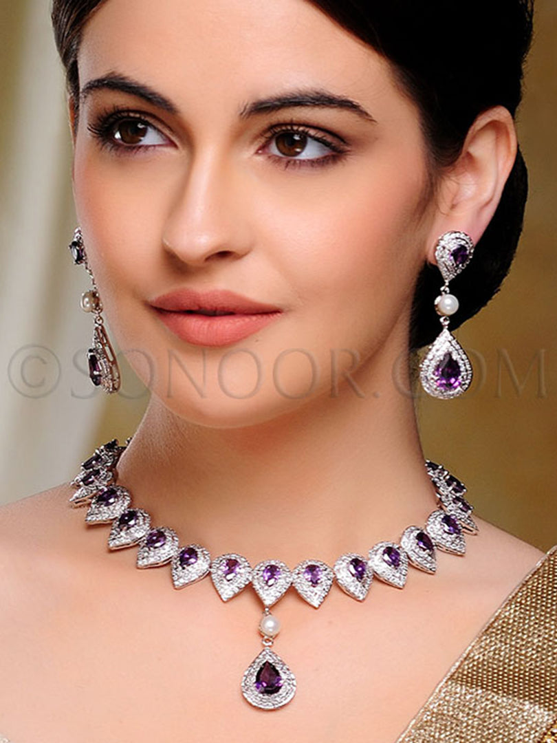 Chevi Rhodium CZ Stone Necklace Set