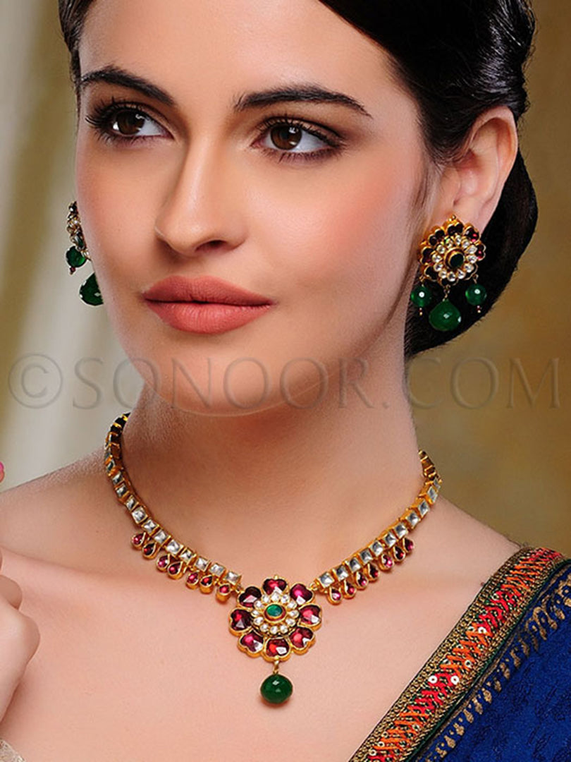 Aesha Antique Kundan Rhodonite Necklace Set