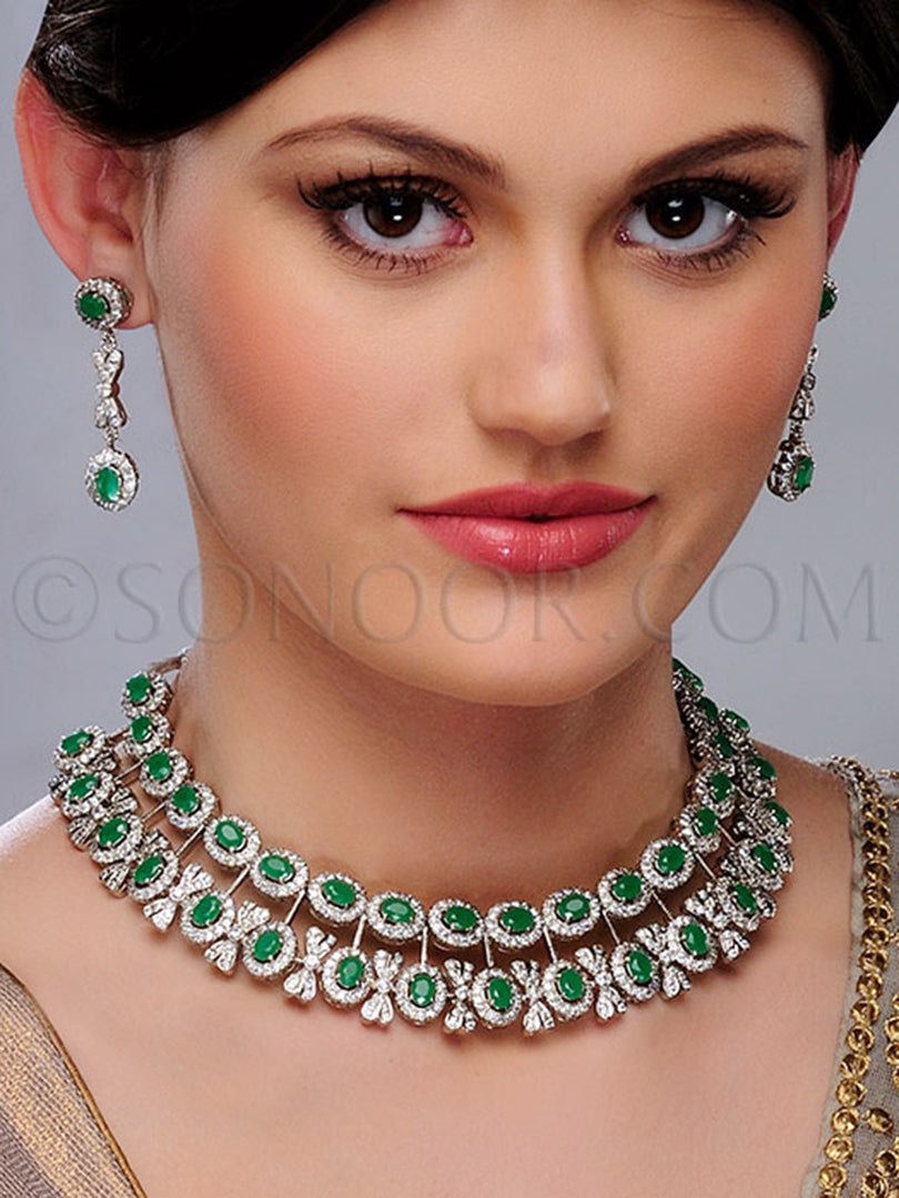Palky CZ & Green Jade Necklace Set With Earrings