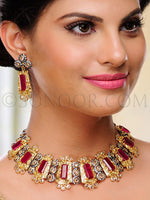Load image into Gallery viewer, Riza Polki Zircons Designer Necklace Set With Red Stone Earrings