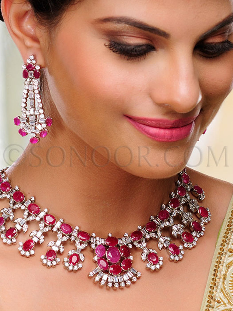 Yogini Silver Finish Ruby CZ Necklace Set