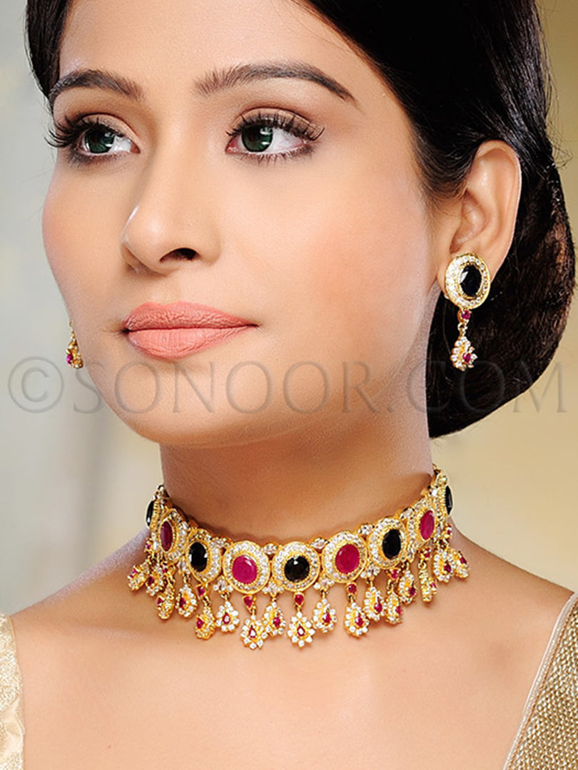 Tanima Gold Finish Black Red Stone Choker Set