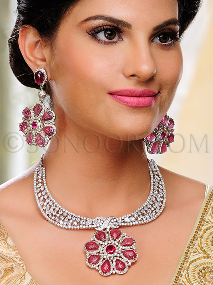 Aadrika American Diamond Red Pink Stone Necklace Set