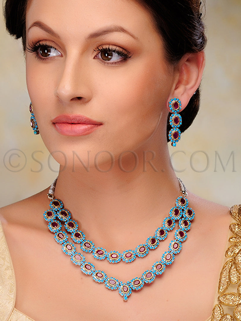 Mahek Silver Finish Blue Red Stone Necklace