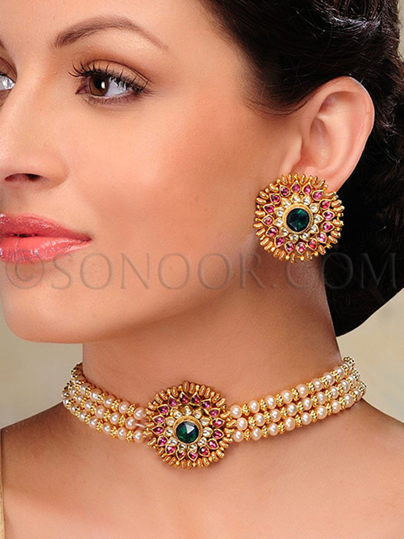 Karka Gold Plated Kundan Green Stone Choker Set