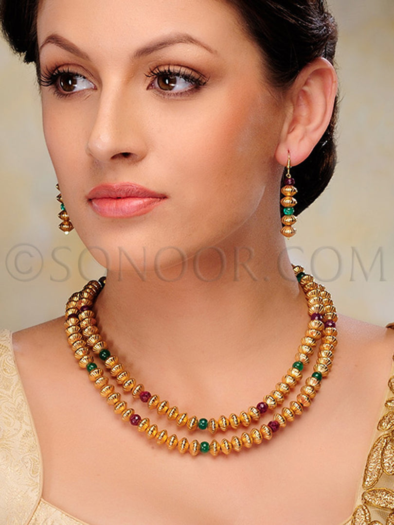 Mridu Gold Plated Red Green Stone Mala Set
