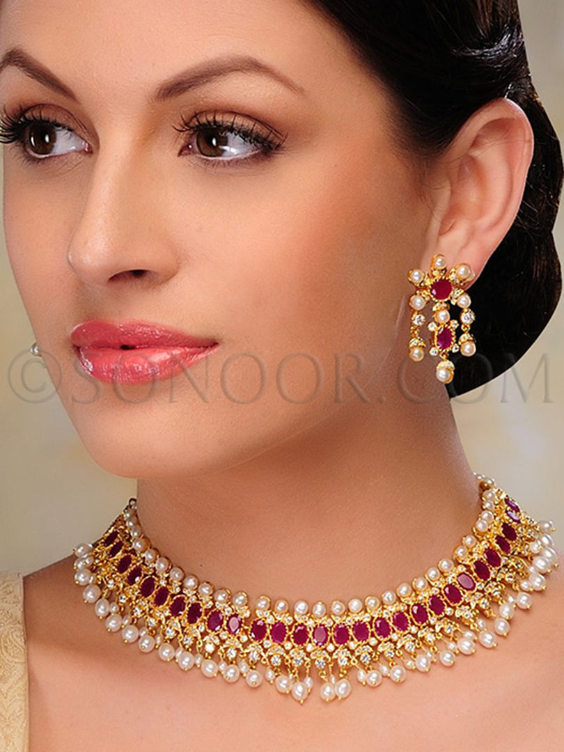 Vanhi Gold Plated Ruby CZ Necklace Set