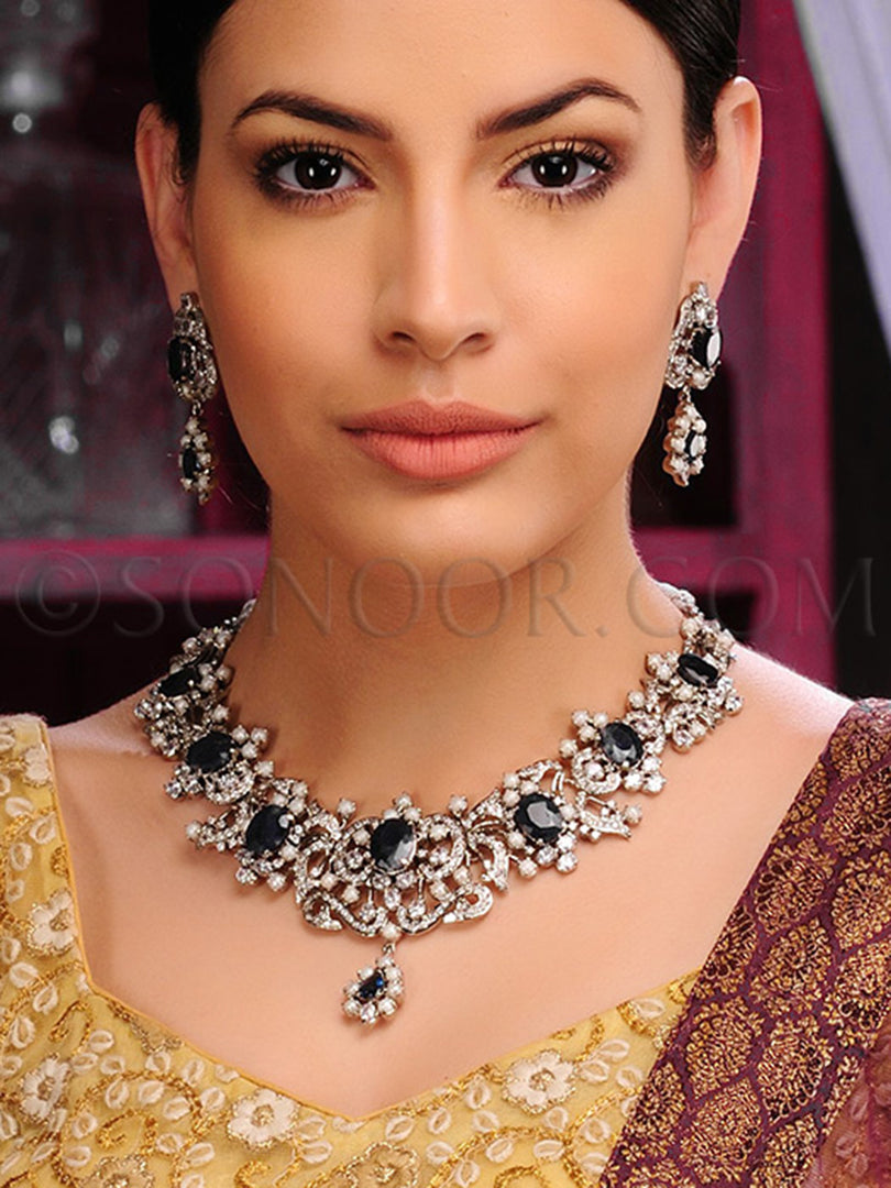 Adah Handcrafted Dark Blue Stone Necklace Set