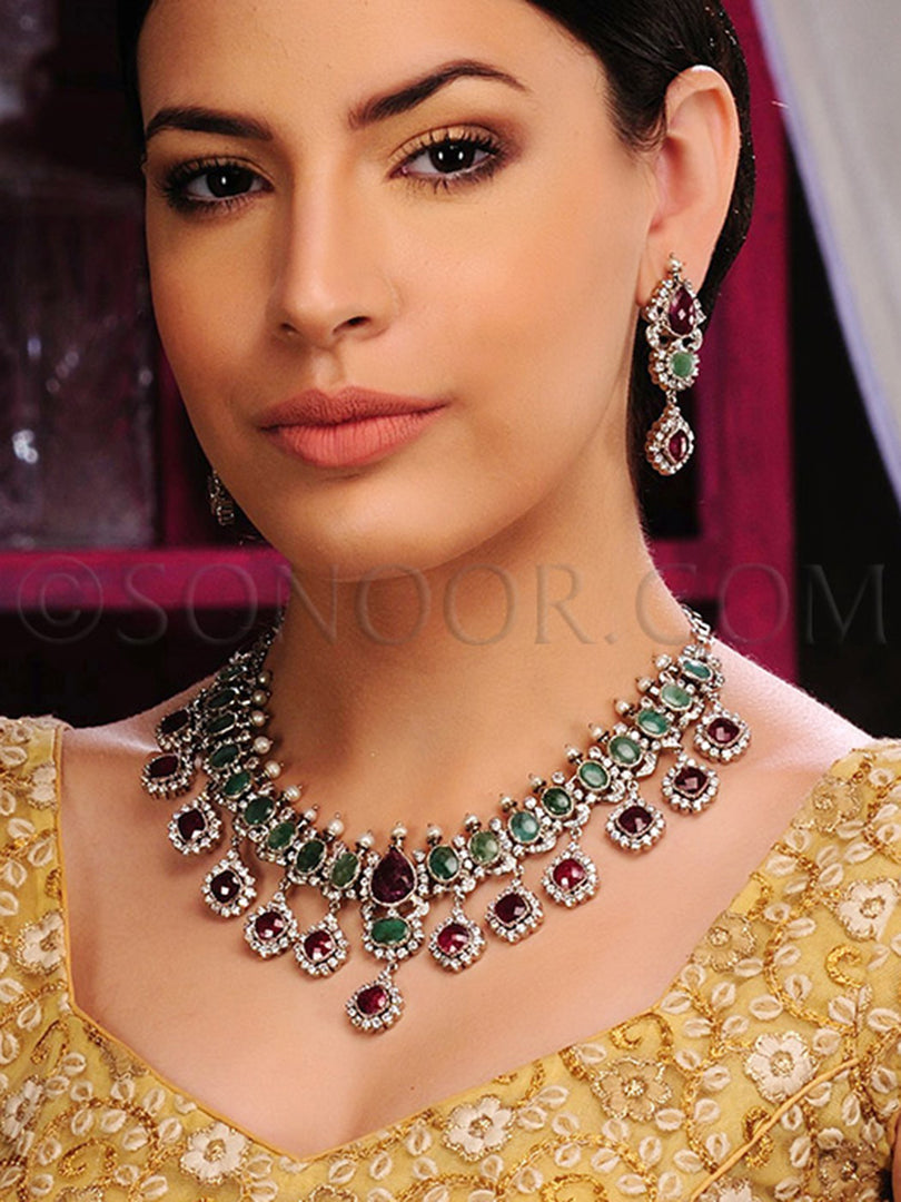 Ianna Victorian Emerald Ruby Necklace Set