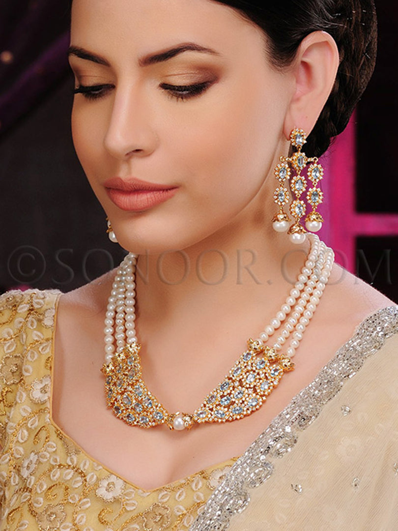 Alka Aqua Blue Stone Pearl Necklace Set