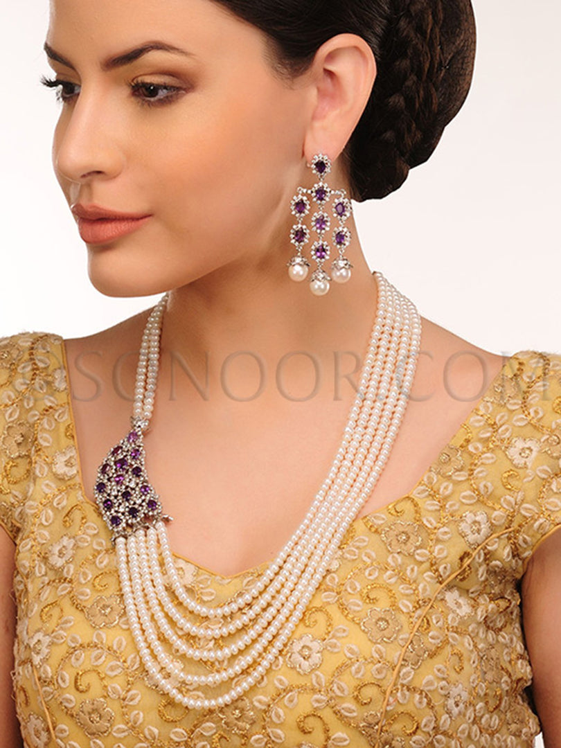 Aahna CZ Long Pearl Necklace Set