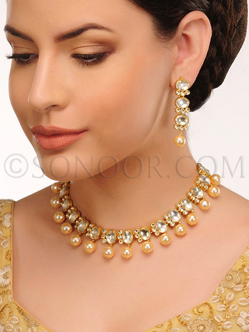 Suma Kundan Pearl Droplets Necklace Set