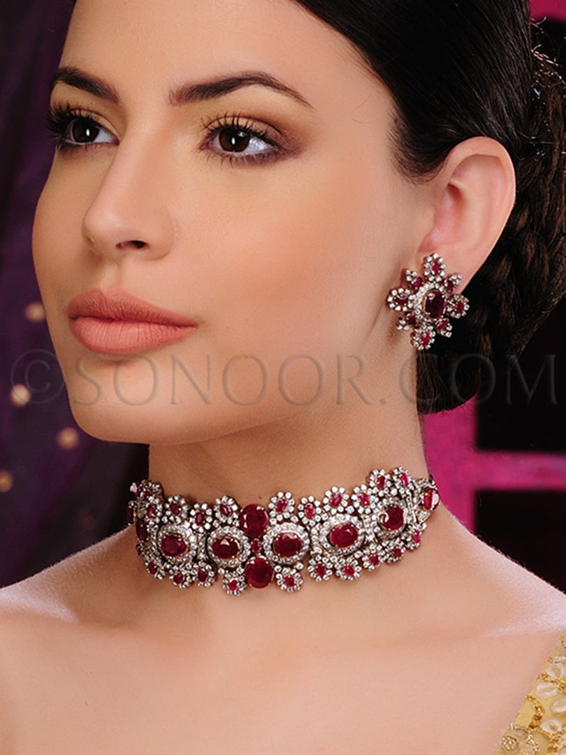 Chahal American Diamond Ruby Choker Set with Earrings