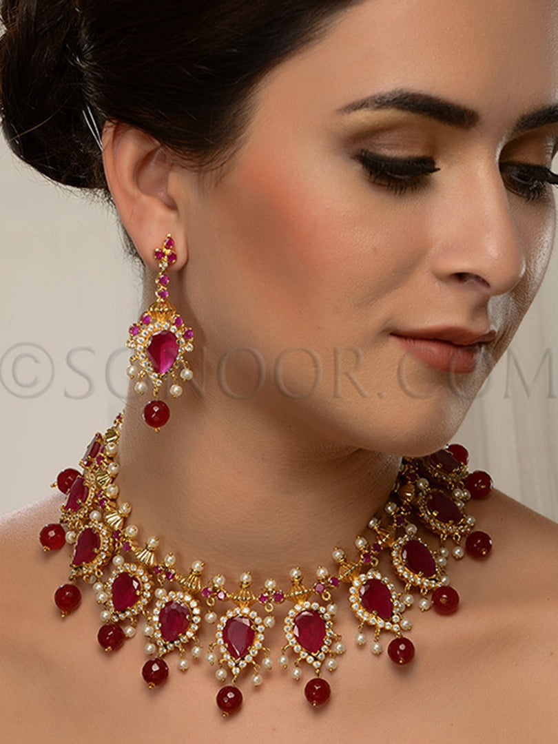 Kriti Gold Plated Red Stone Necklace