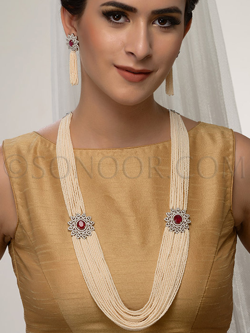 Ishta CZ Long Pearl Necklace Set