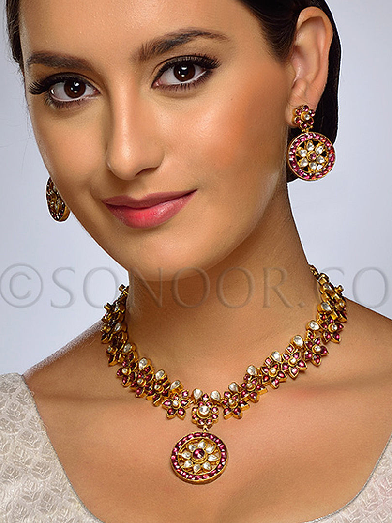 Bhuvika Kundan Pink Stone Necklace Set