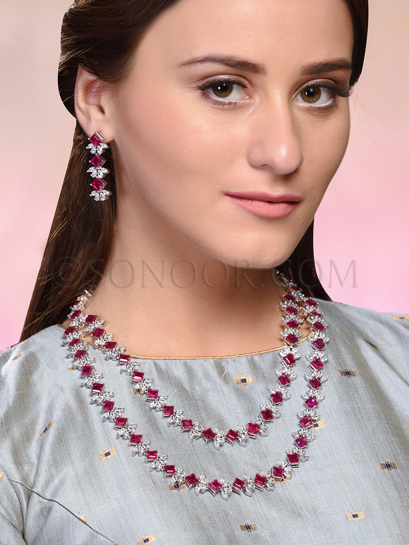 Kinju Long Red CZ Necklace Set