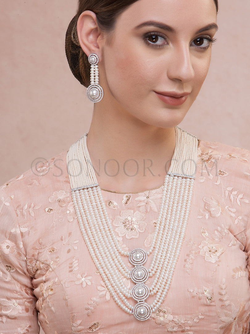 Manisha Long Pearl CZ Necklace Set