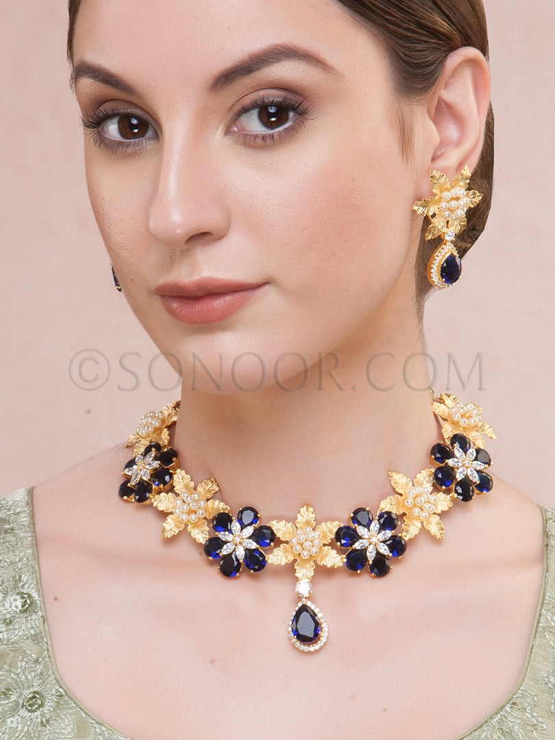 Kairavi Gold Finish Blue Stone Necklace Set