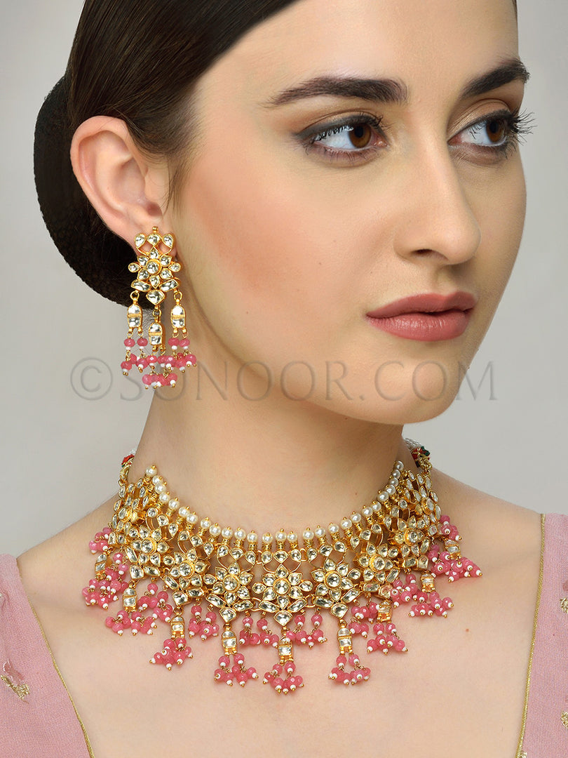 Ritwika Kundan Pink Drop Necklace with Earrings in Dull Gold Finish