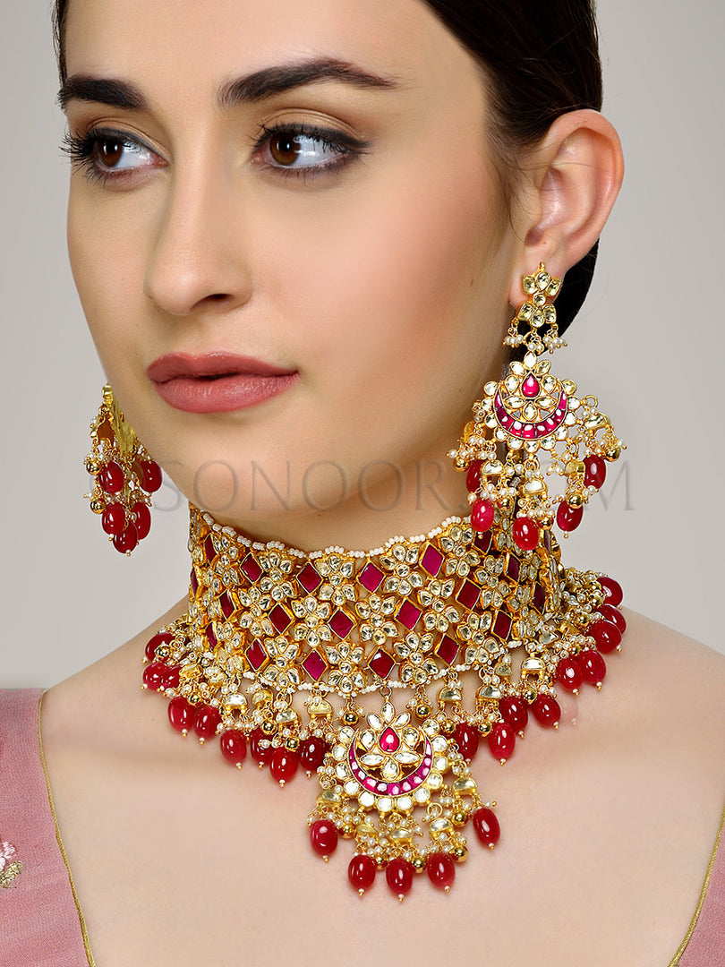 Shadiya Jadau Red Big Choker Set