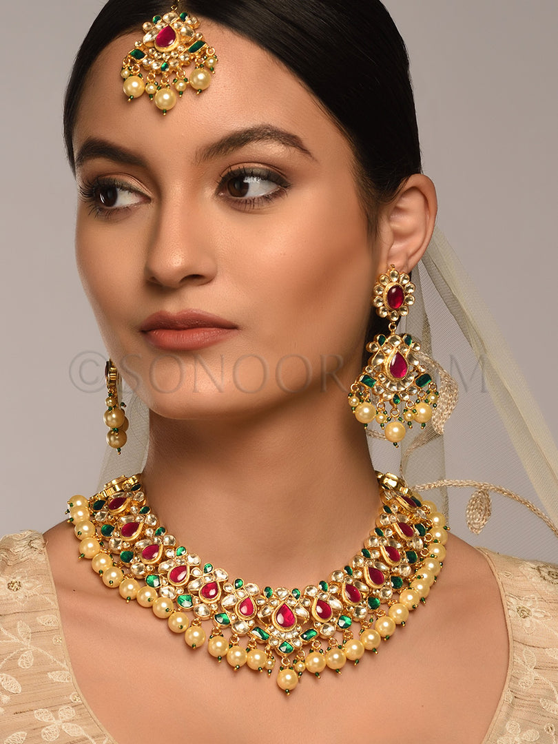Vishti Red & Green Stones Necklace Set