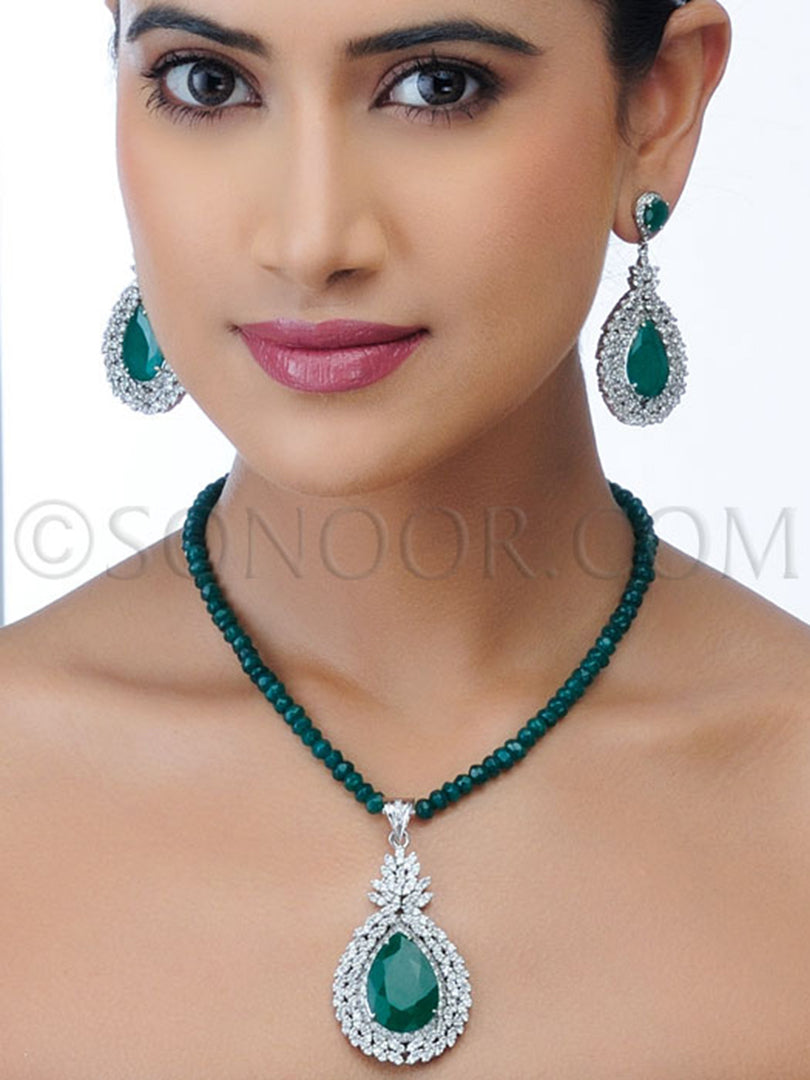 Sushmita White CZ Green Onyx Pendant Set