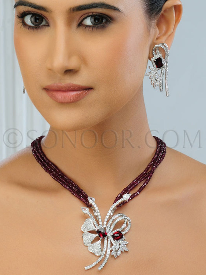 Nishleena Rhodium Finish Garnet Pendant Set