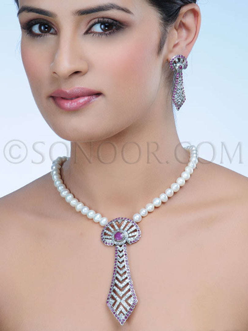 Stitusha CZ Ruby Pearl String Pendant Set