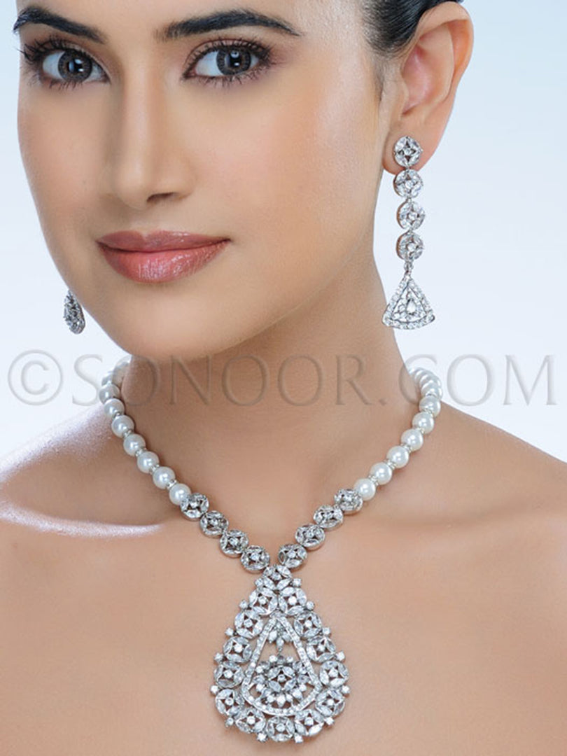 Angela Victorian CZ Pearl String Pendant Set