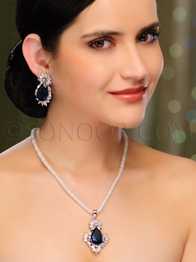 Shikti Rhodium Finish Pearl String Pendant Set