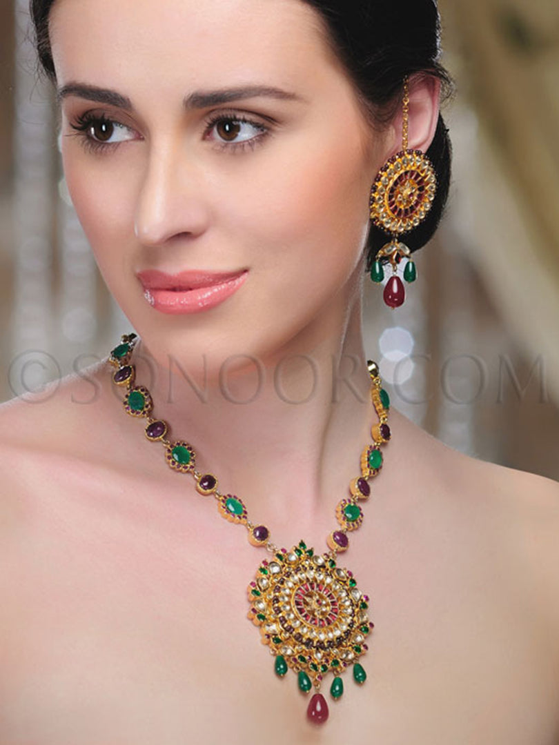 Tama Gold Plated Ruby Emerald Pendant Set