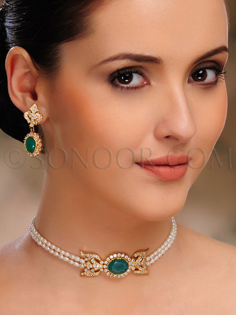 Viti CZ Green Jade Choker Pendant Set