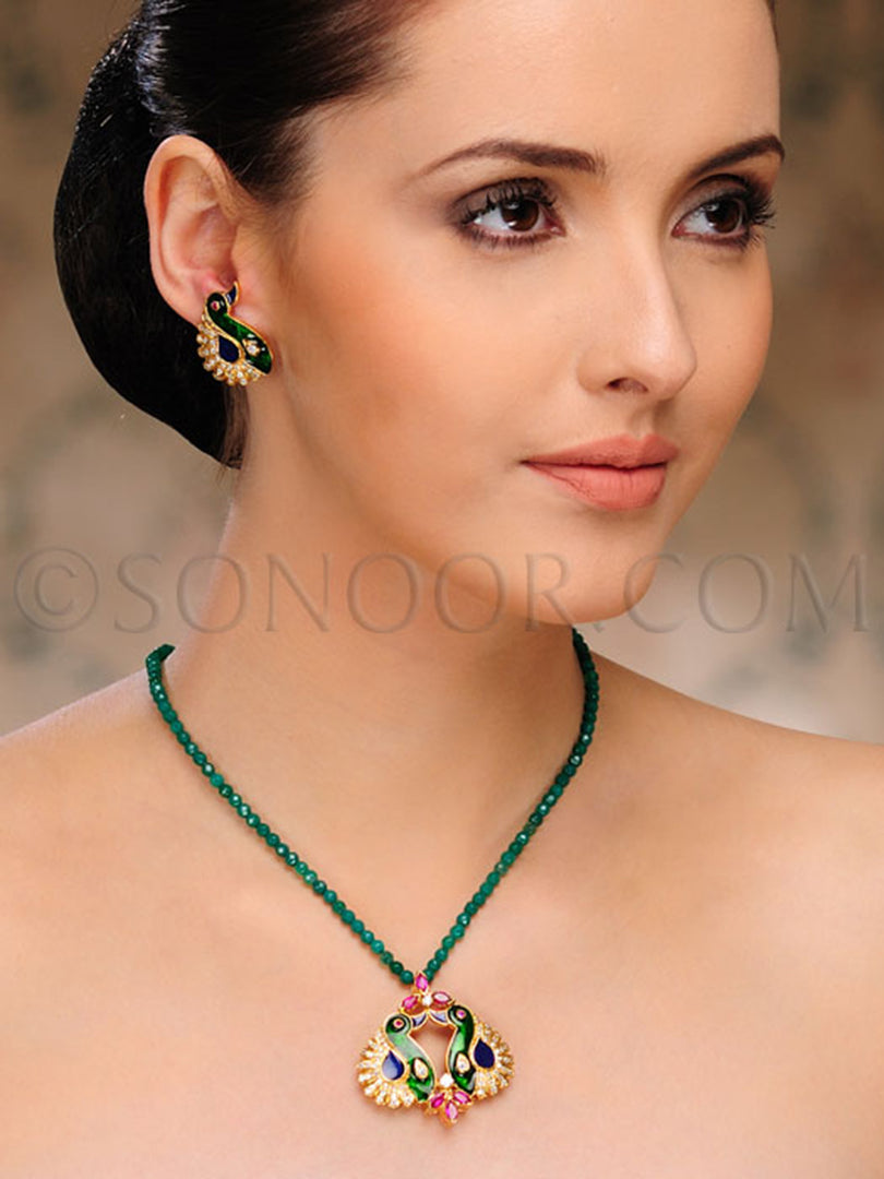 Purva Meenakari Red Jade Pendant Set