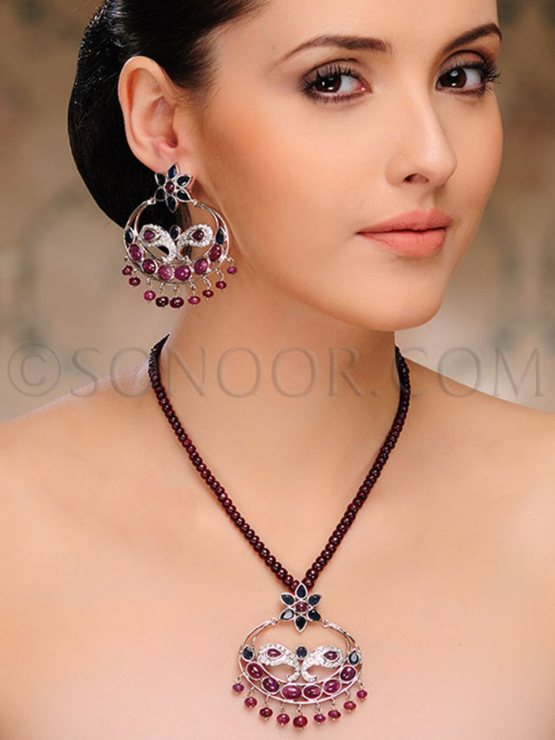 Jeena Rhodium Finish Ruby Pendant Set