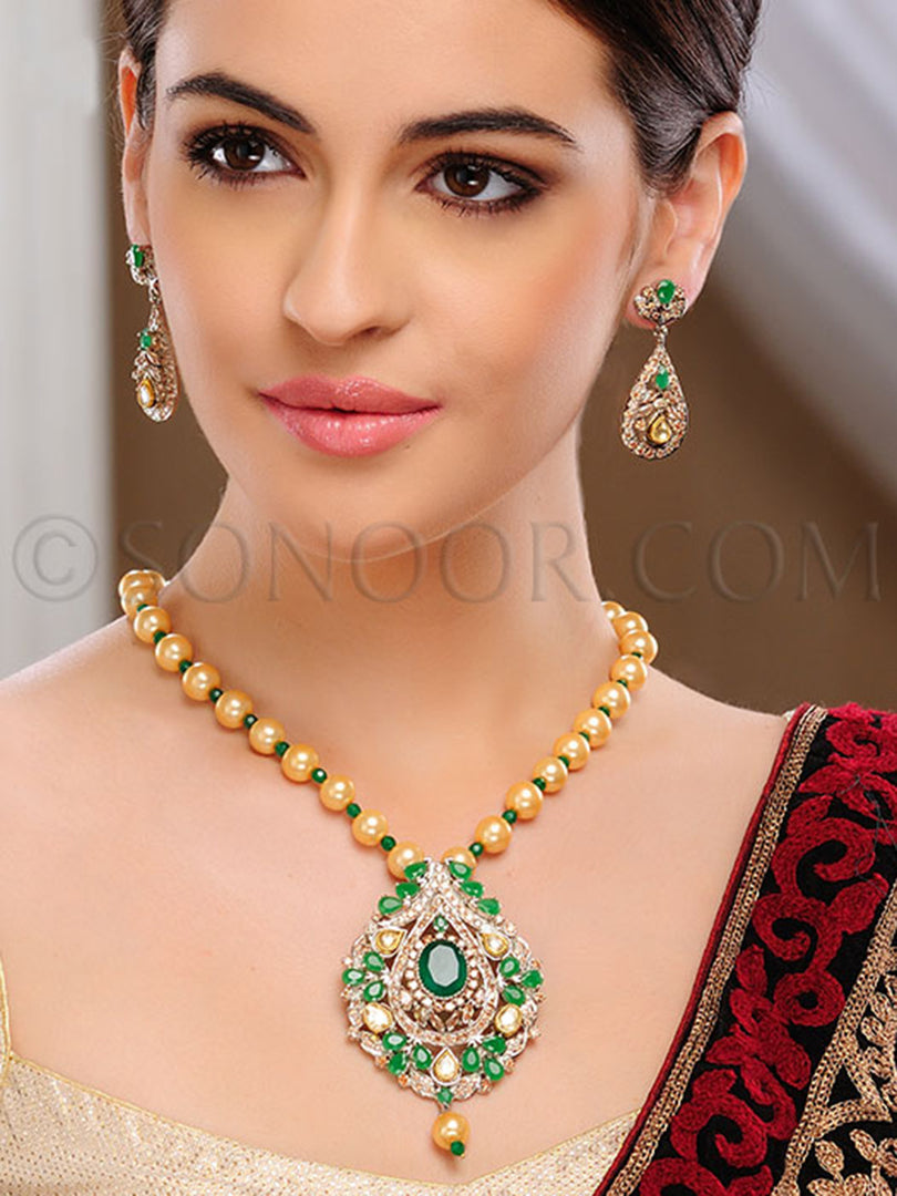 Netri CZ Kundan Jade Pendant Set