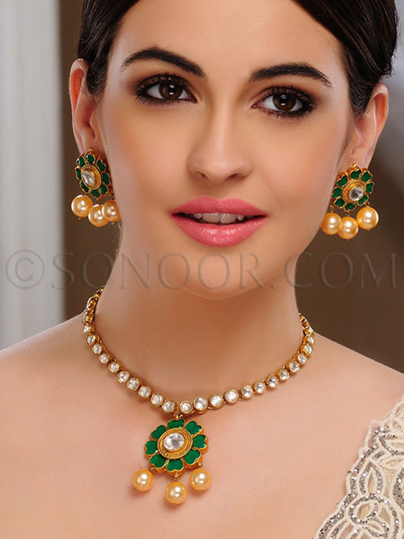 Urvee Kundan Green Jade Pendant Set