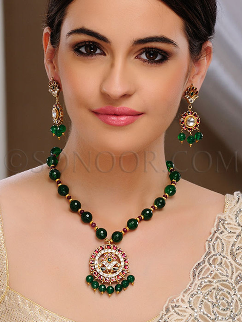 Alima Kundan Green Jade Pendant Set