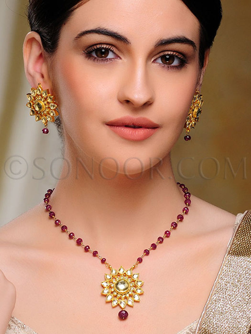 Aneya Kundan Ruby Beads String Pendant Set