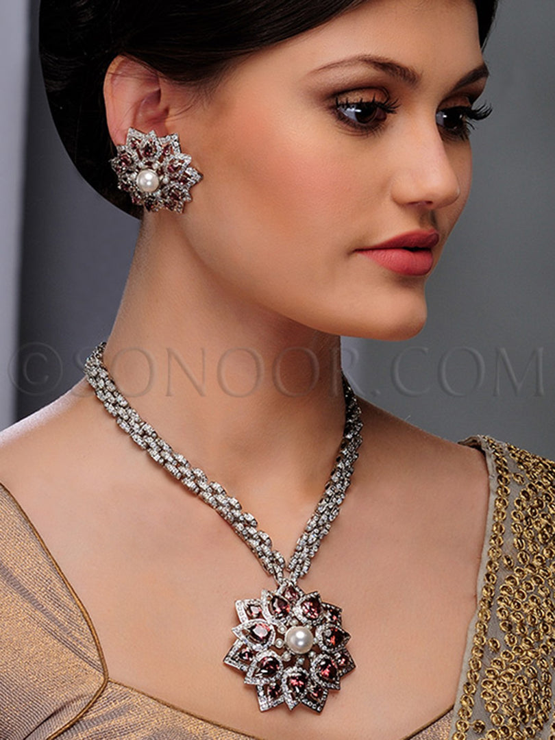 Hoore Rhodium Finish CZ Rhodonite Pendant Set
