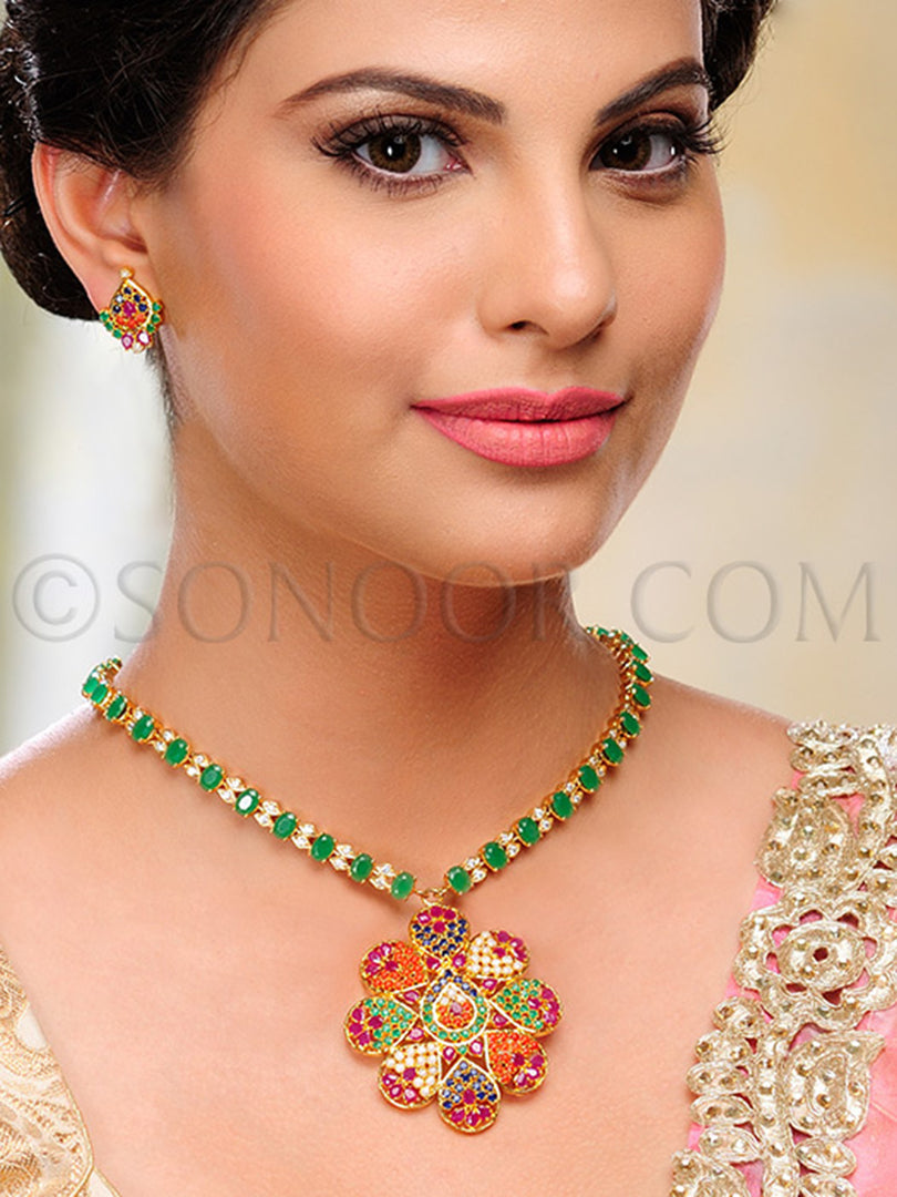 Pavani Gold Finish Multi Stone Pendant Set