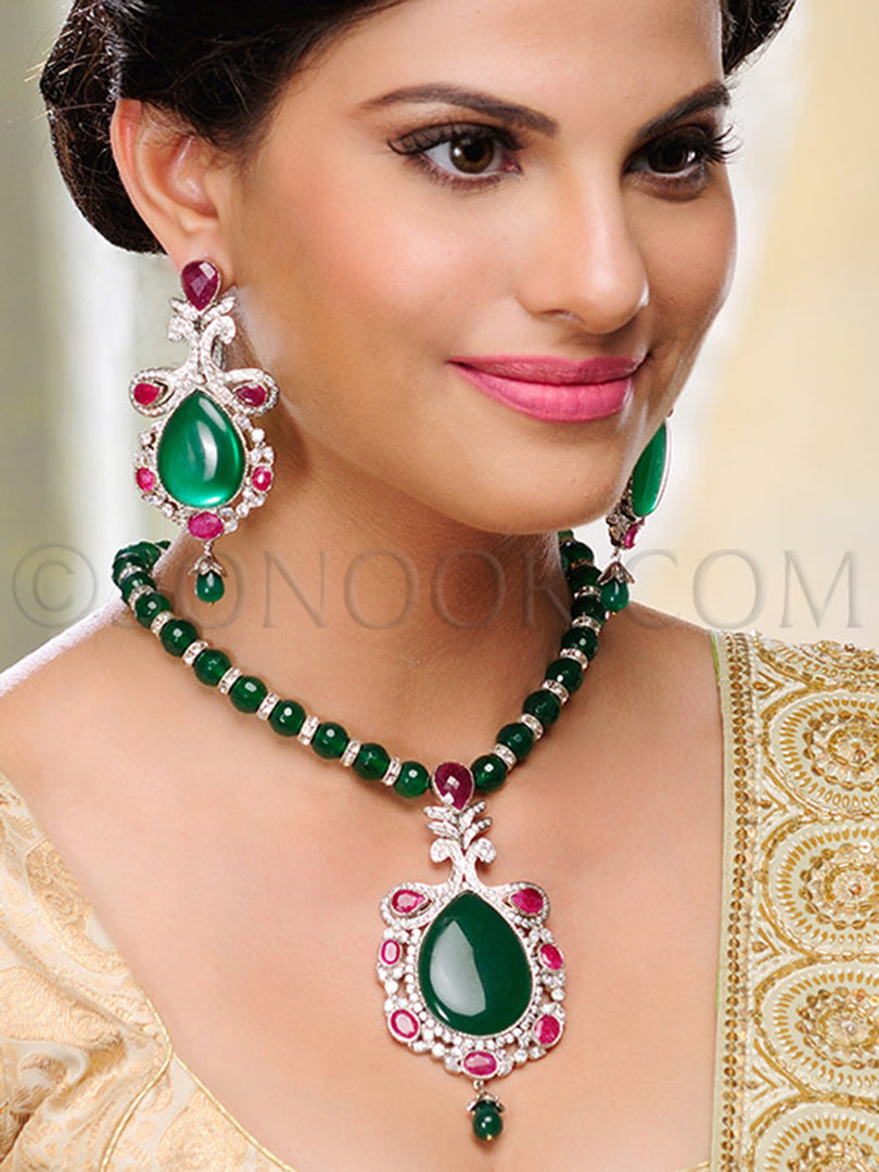 Paroo CZ Ruby Green Stone Pendant Set