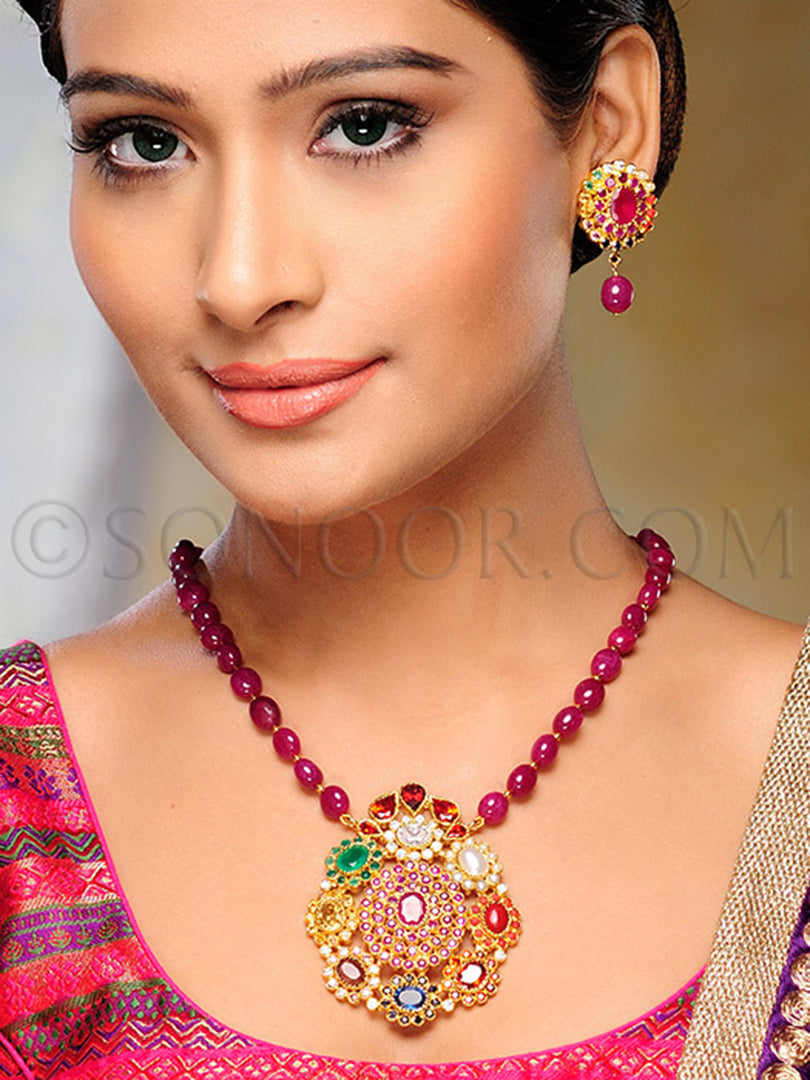 Rerita Navratan Pendant Set in Gold Finish With Earrings