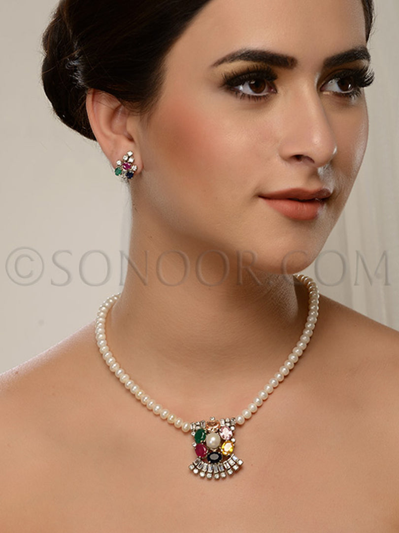 Deepti Pearl String Multi Stone Pendant Set