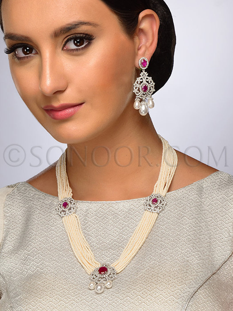 Saina Multi Pearl String Red Stone Long Pendant Set