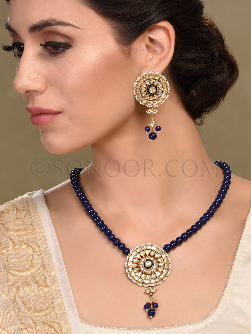 Nirvi Kundan Blue Stone String Pendant Set