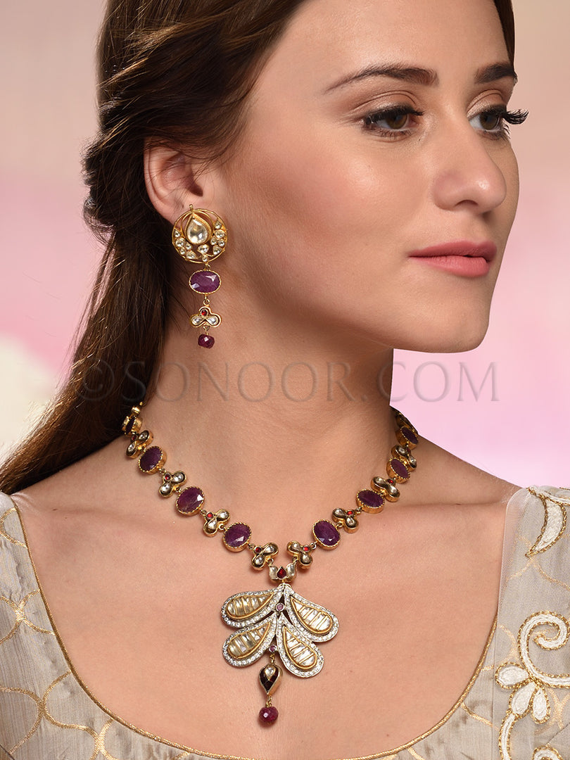 Nenit Kundan Ruby CZ Pendant Set