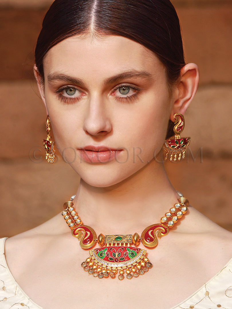 Panak Red Meenakashi Pendant Set